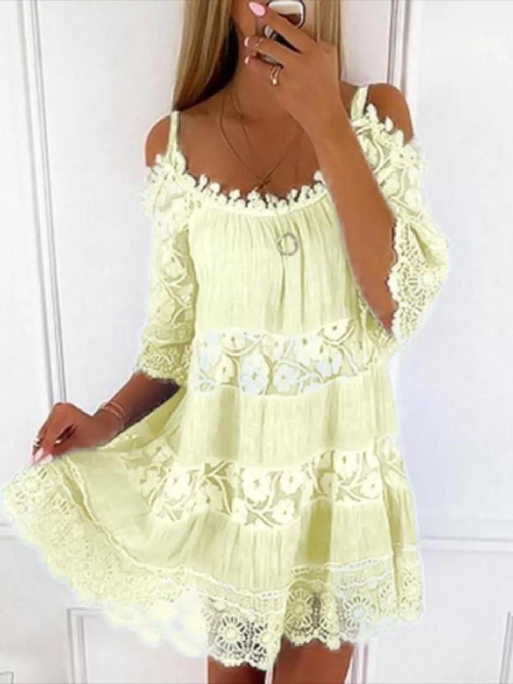 Full Size Bohemian Lace Cold Shoulder Mini Dress Plus Size, image 5