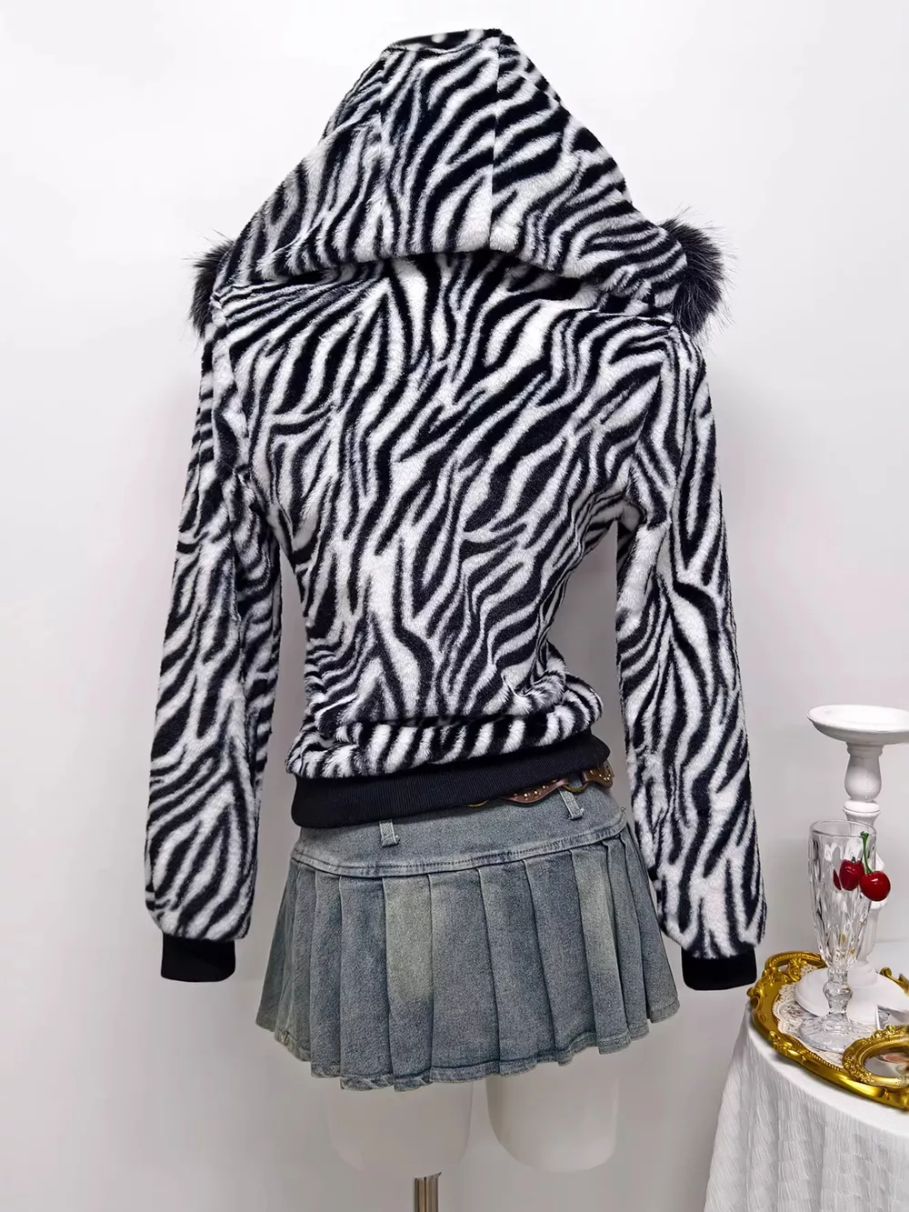 Zebra Faux Fur Hooded Zip-Up Outerwear, image 4