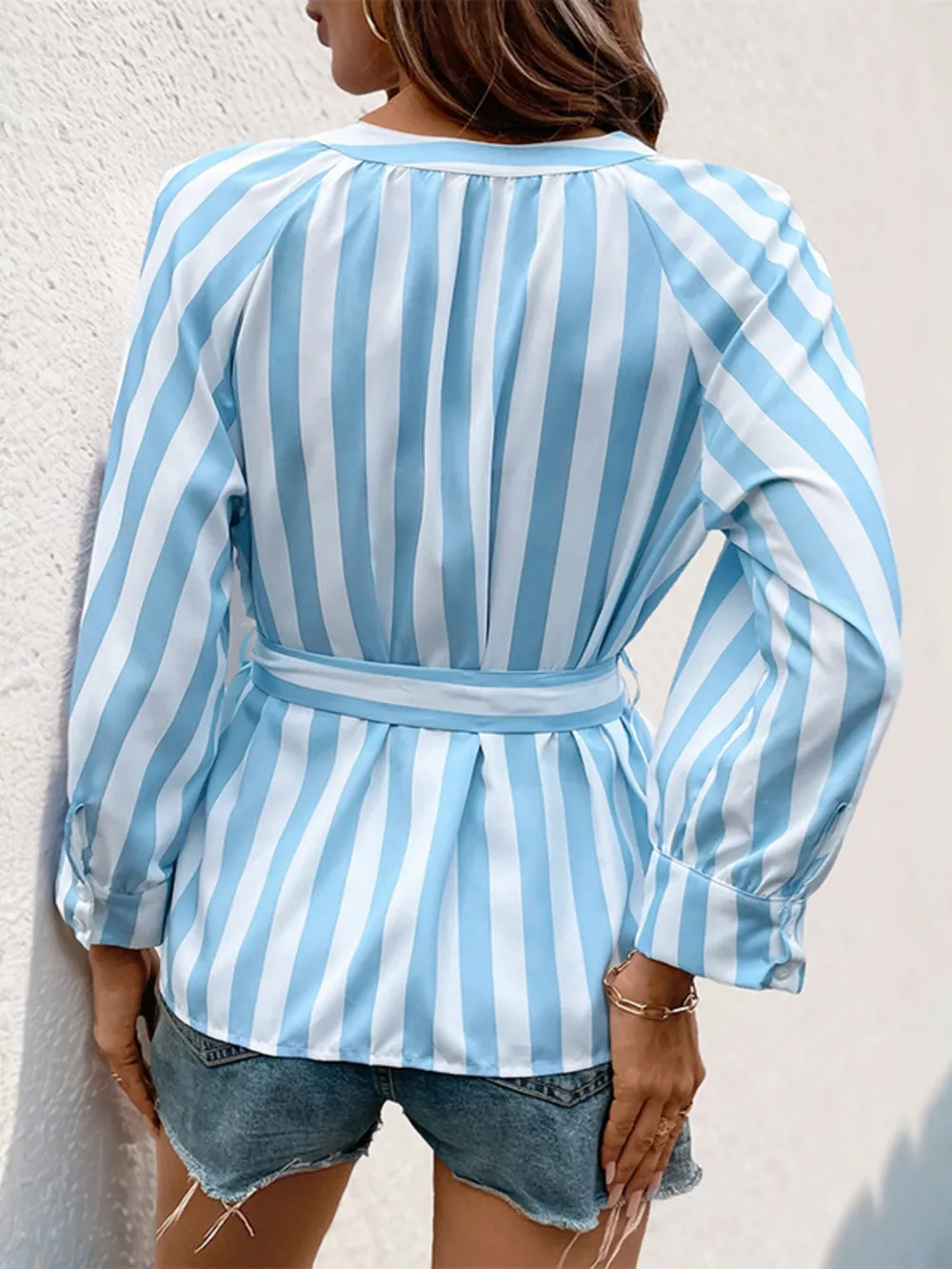 Striped Tie Waist Button Down Shirt, image 7
