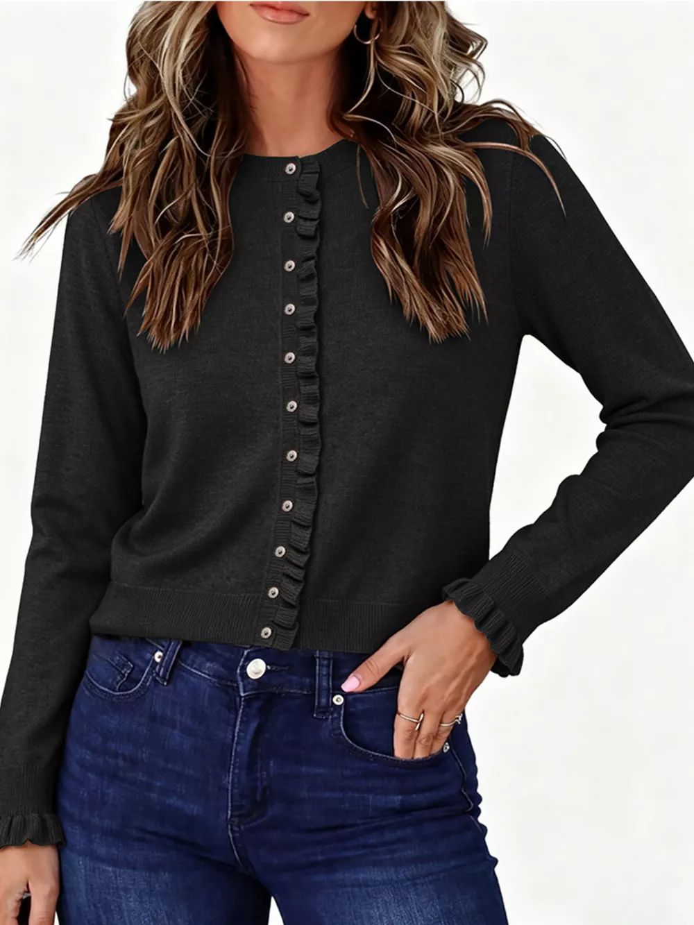 Ruffle-Trimmed Button-Down Knit Cardigan