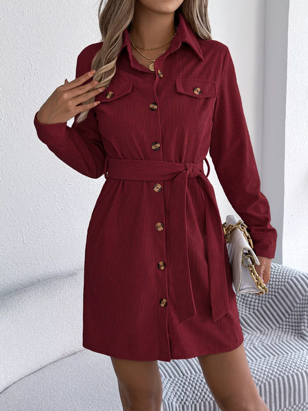 Button-Front Corduroy Shirt Dress, image 4