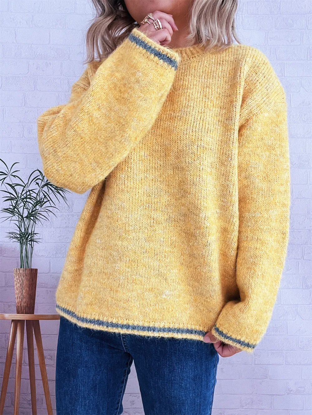 Contrast Trim Round Neck Cozy Sweater, image 22