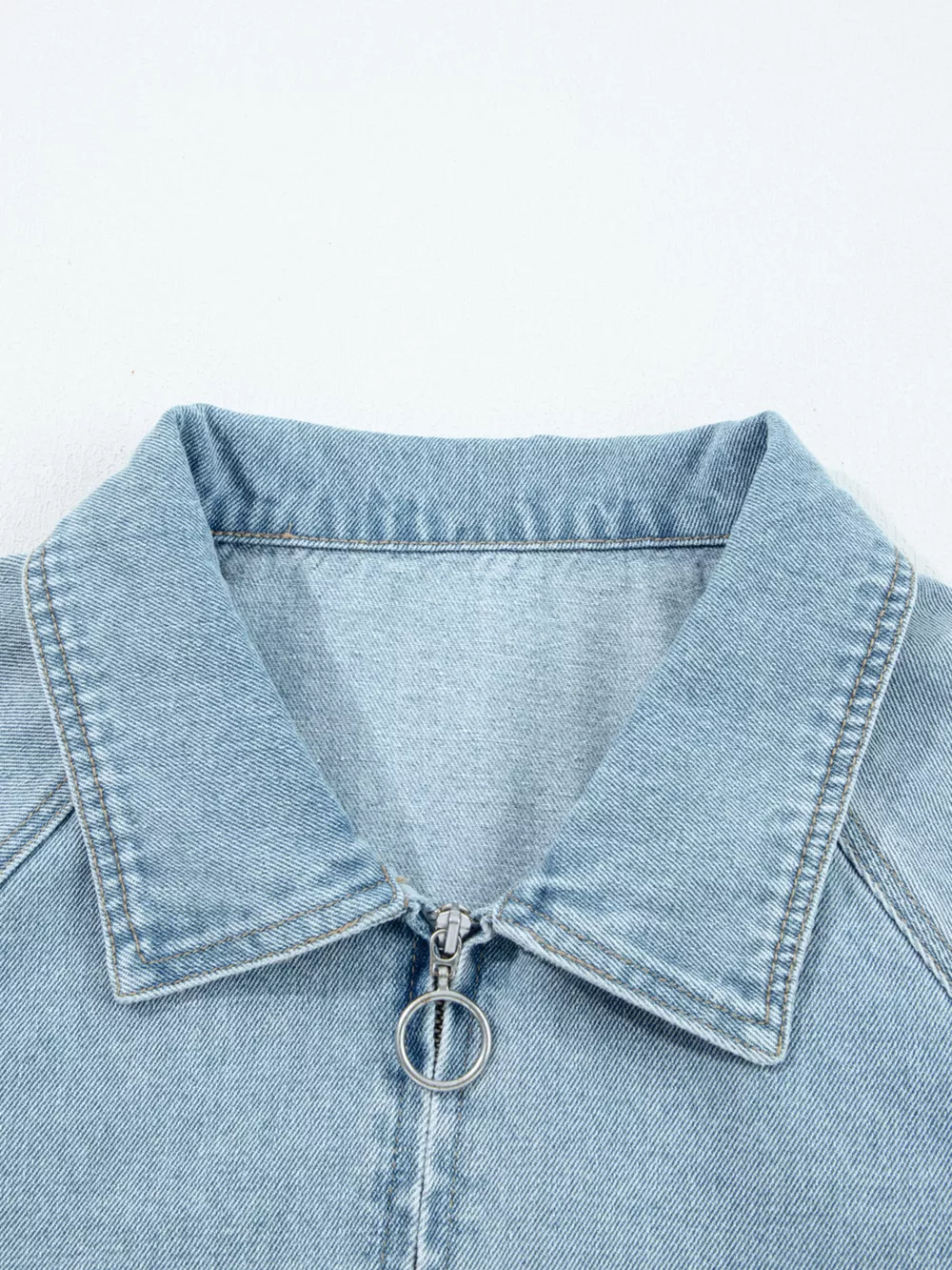 Elastic Edge Collared Zip Up Denim Jacket With Pocket, image 10