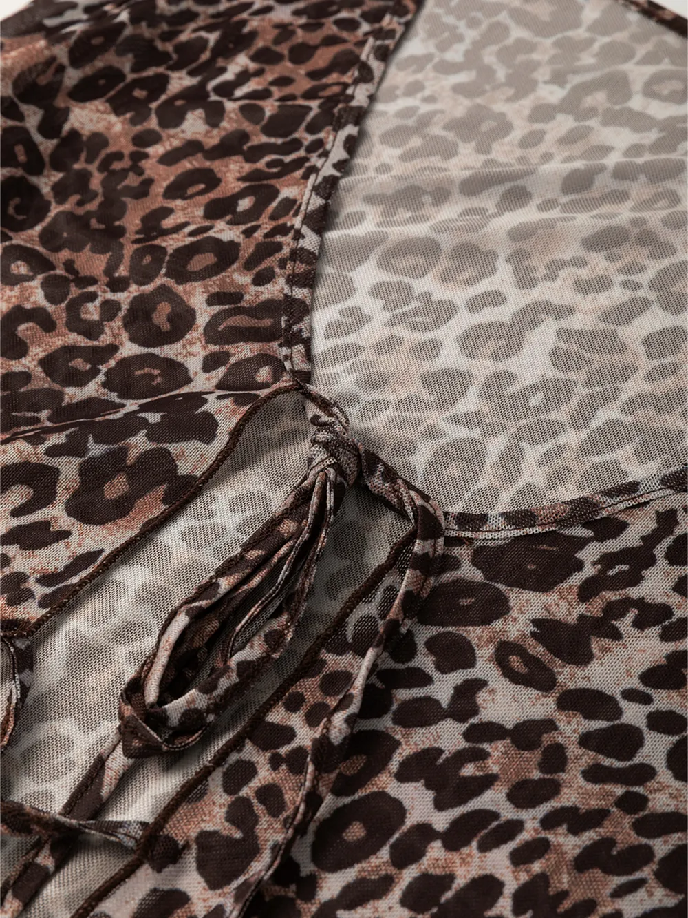 Leopard Sheer Mesh Long Sleeve V Neck Lace-Up Blouse, image 9