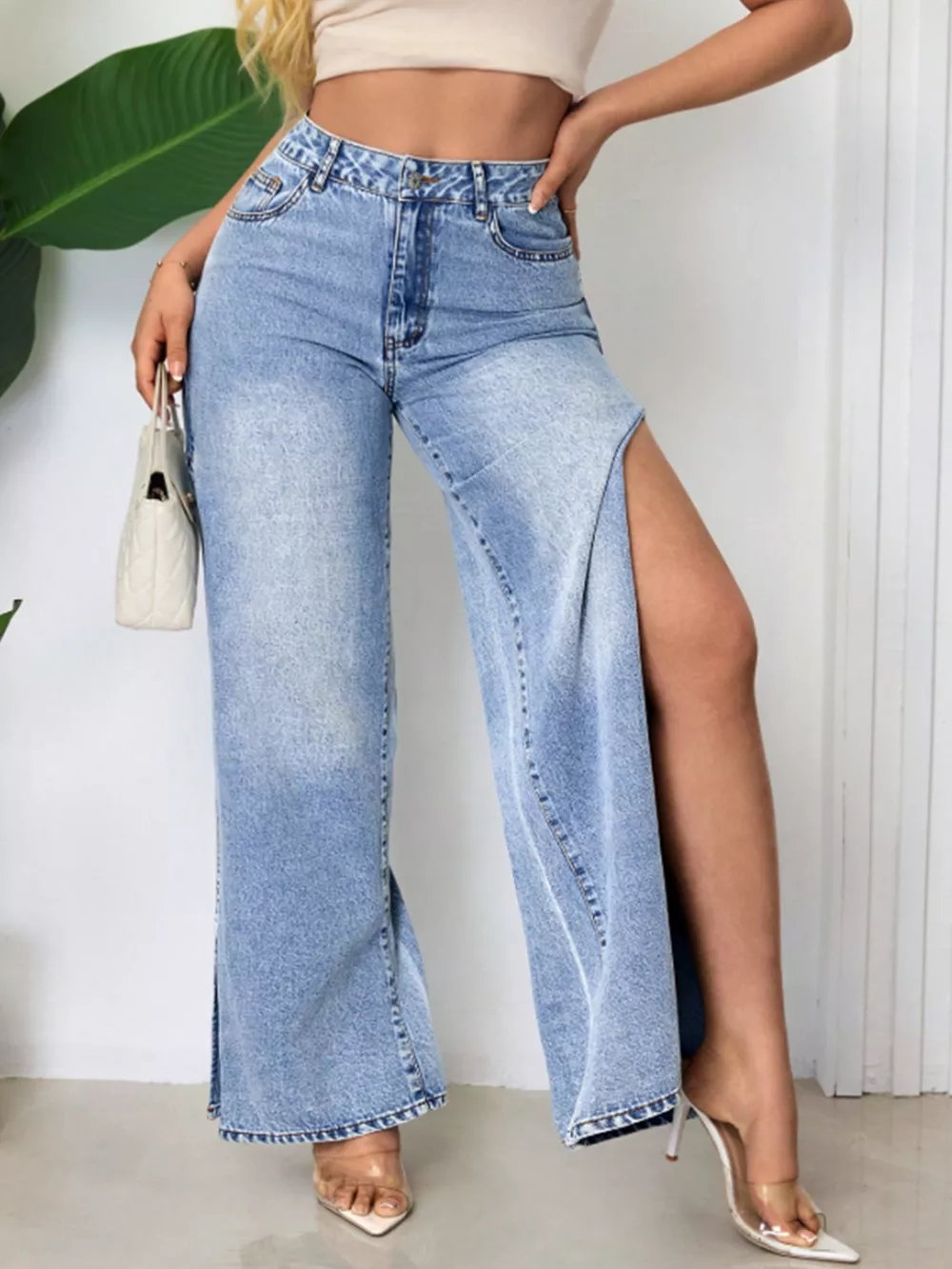 High-Waisted Wide-Leg Jeans with Side Slits, image 2