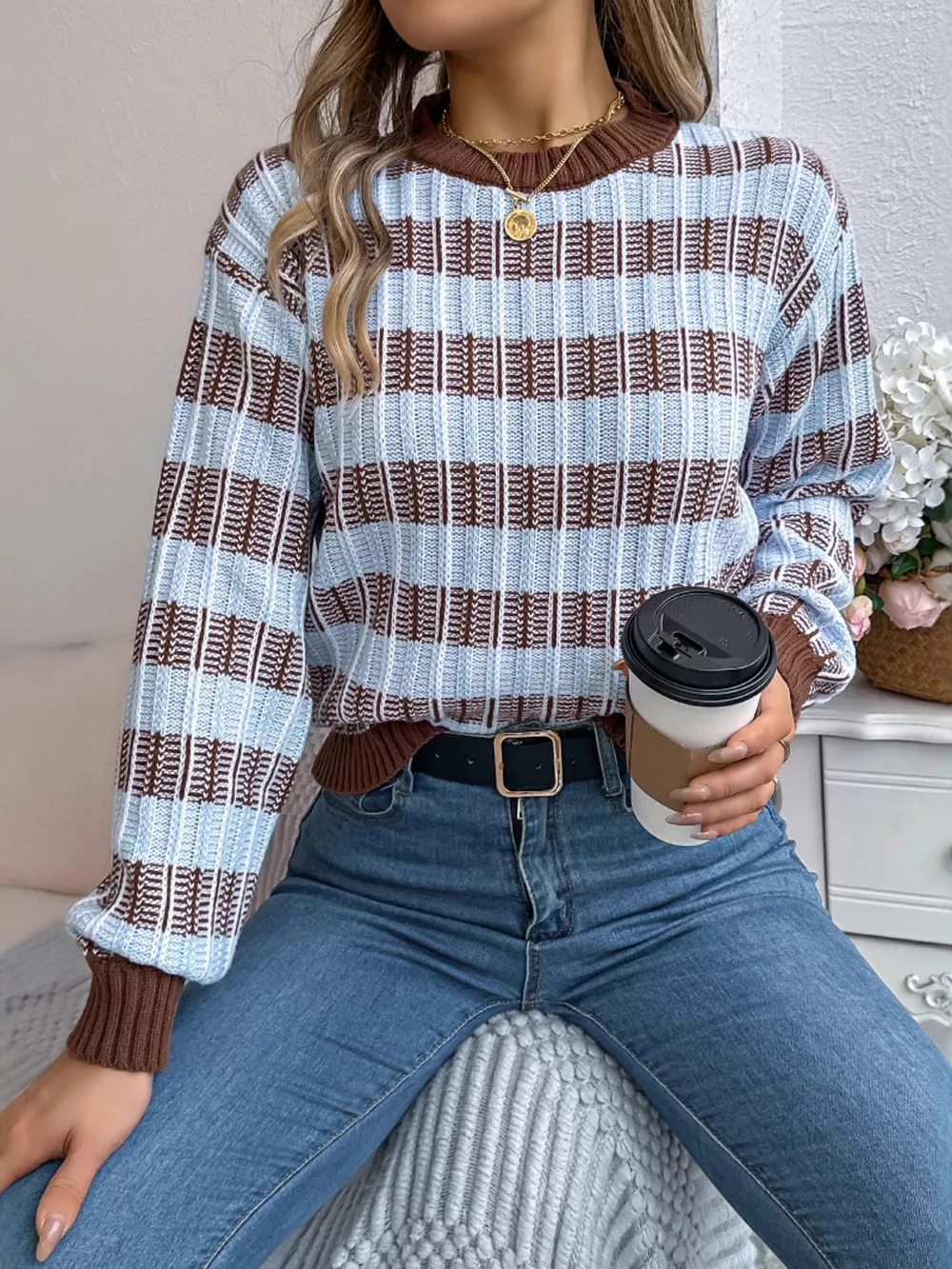 Striped Round Neck Long Sleeve Sweater, image 3