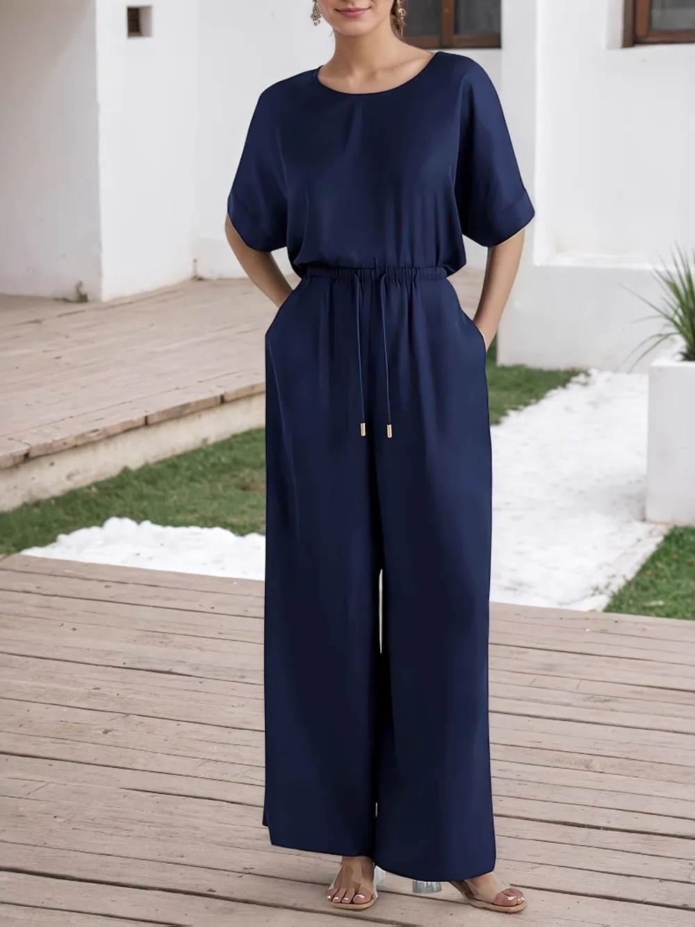Round Neck Top and Pants Set, image 2