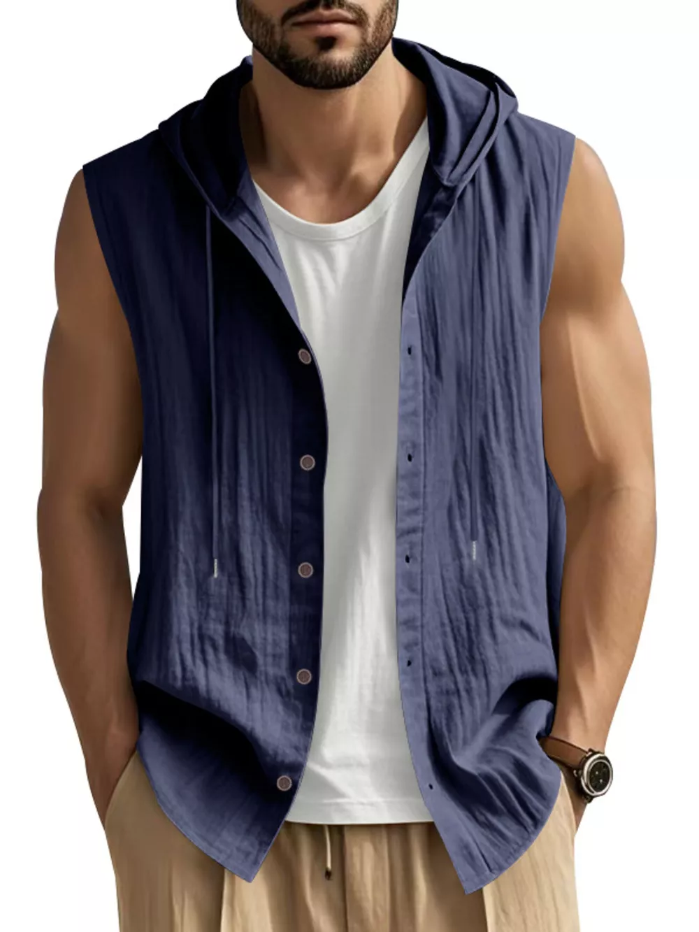 Men's Full Size Casual Sleeveless Hooded Button-Down Top Plus Size, image 16