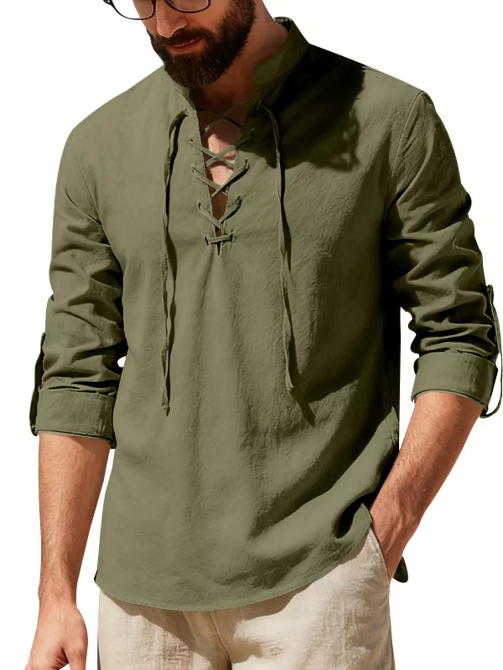 Men's Full Size Casual Lace-Up Linen Shirt Plus Size, image 4