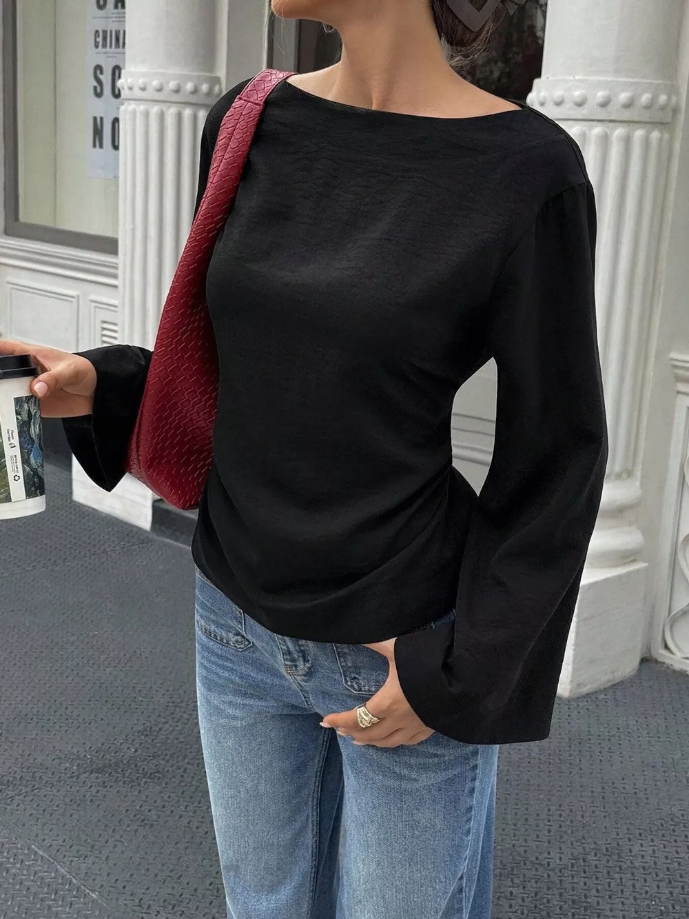 Boat Neck Long Sleeve Slim-Fit T-Shirt