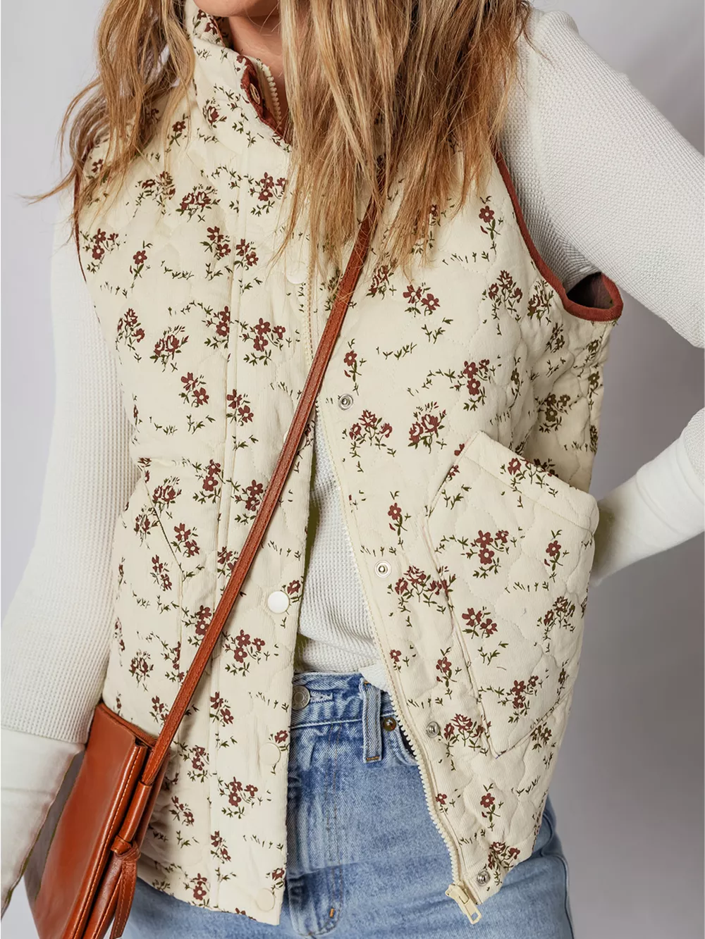 Floral Print Zip Up Quilted Vest, image 5