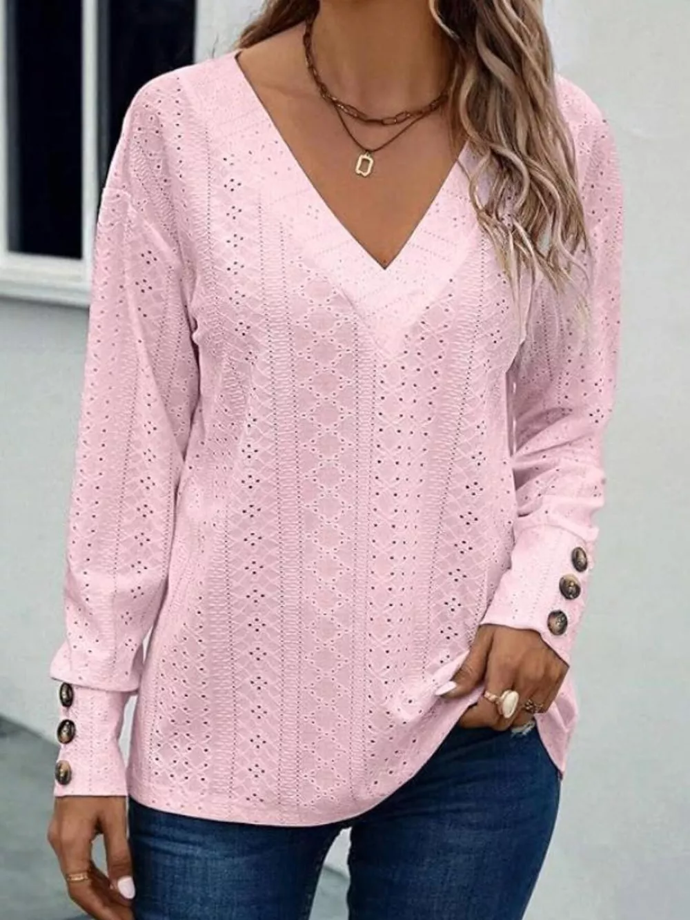 Eyelet V-Neck Long Sleeve Blouse, image 15