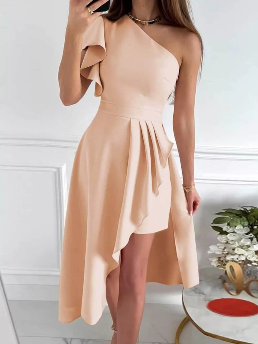 One-Shoulder Ruffle High-Low Dress, image 3