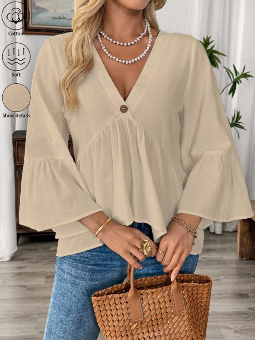 V-Neck Bell Sleeve Blouse, image 8