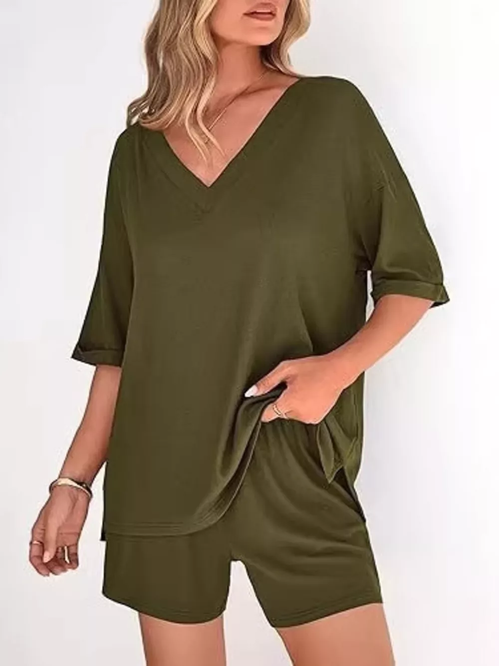 Solid Color V-Neck and Shorts Set, image 8