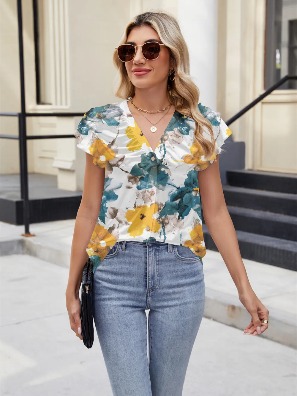 Floral Print V-Neck Cap Sleeve Casual Summer Blouse, image 16
