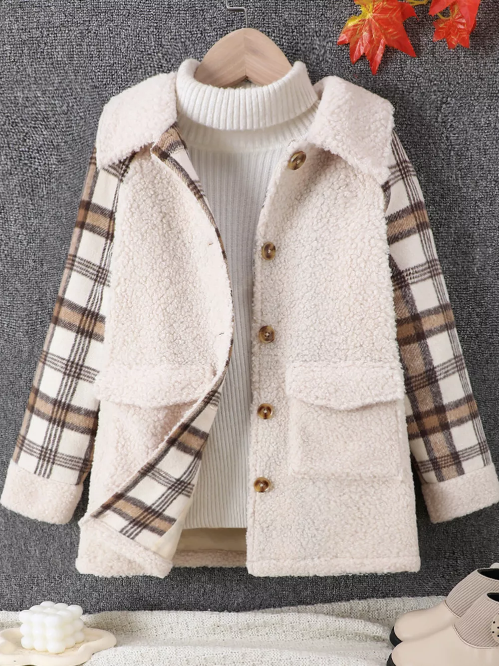 Children's Cozy Plaid Sleeve Fleece Jacket