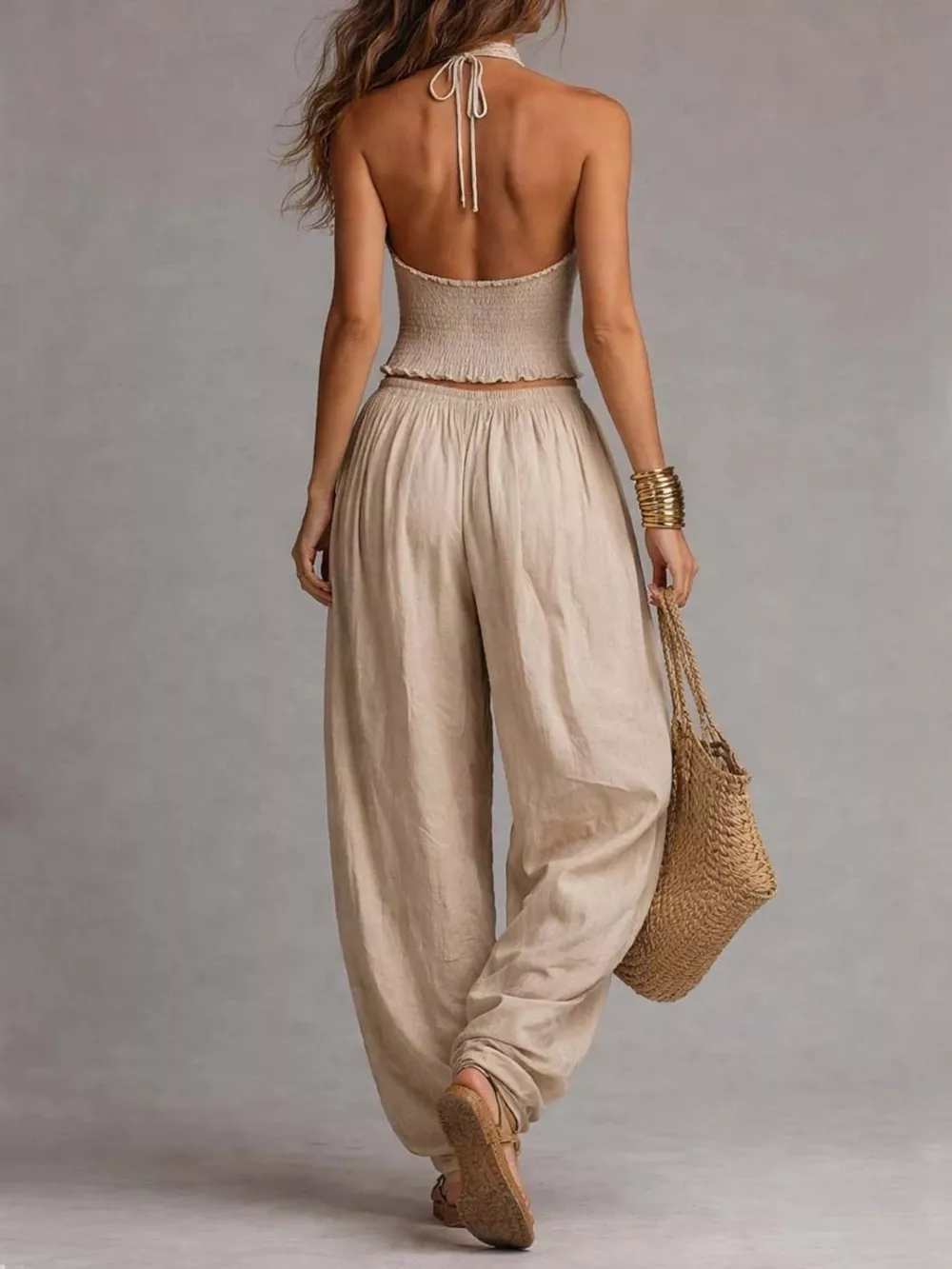 Full Size Halter Neck Top and Wide-Leg Harem Pants Two-Piece Set Plus Size, image 2