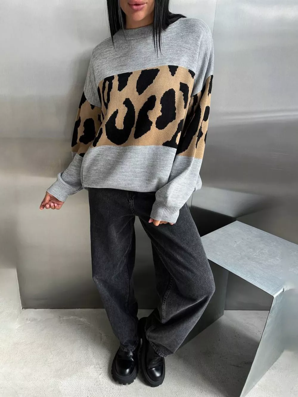 Leopard Color Block Round Neck Sweater, image 11