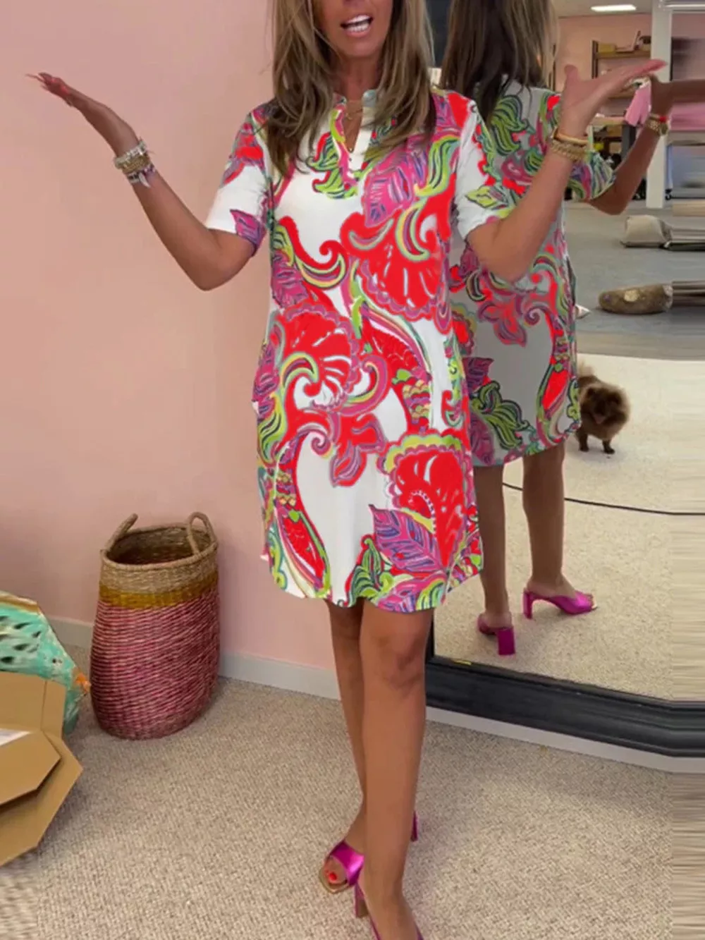 Full Size Vibrant Paisley Print Short Sleeve Shift Dress Plus Size, image 3