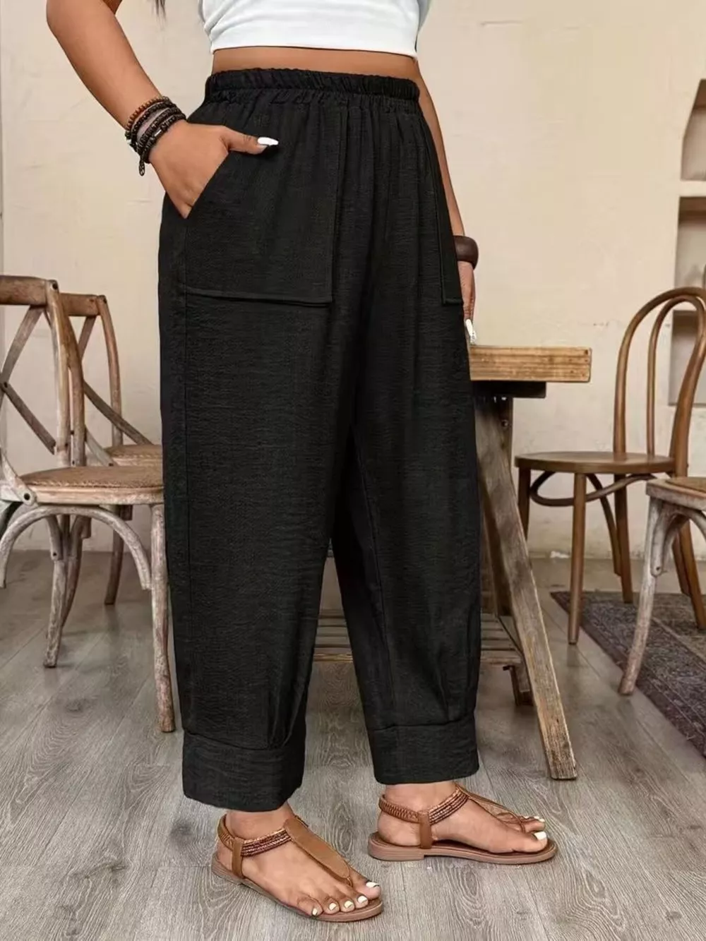 Plus Size High-Waisted Elastic Waist Pants with Pockets, image 10