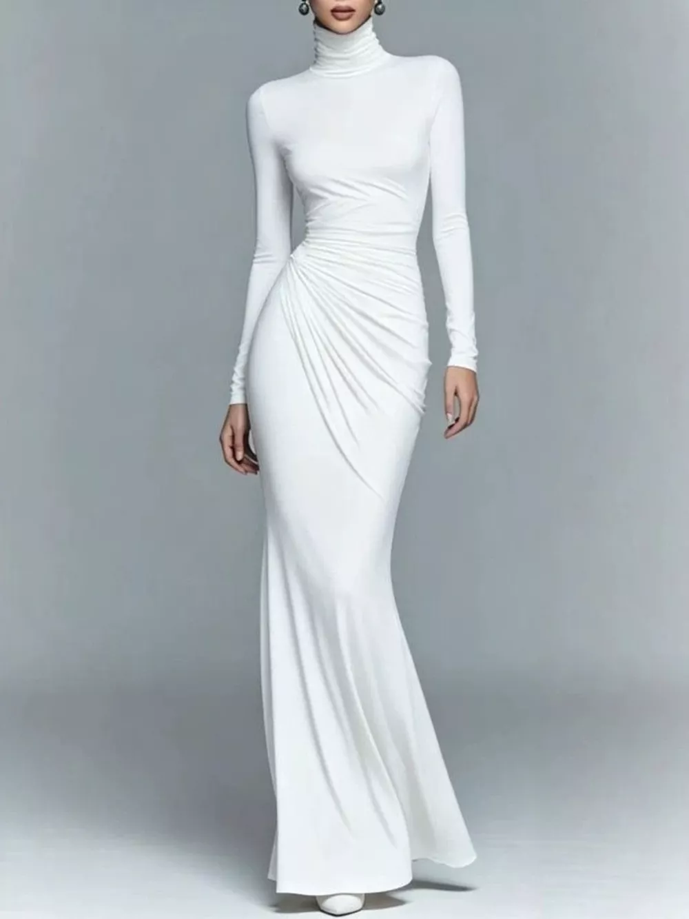 Turtleneck Long-Sleeve Ruched Maxi Dress, image 9