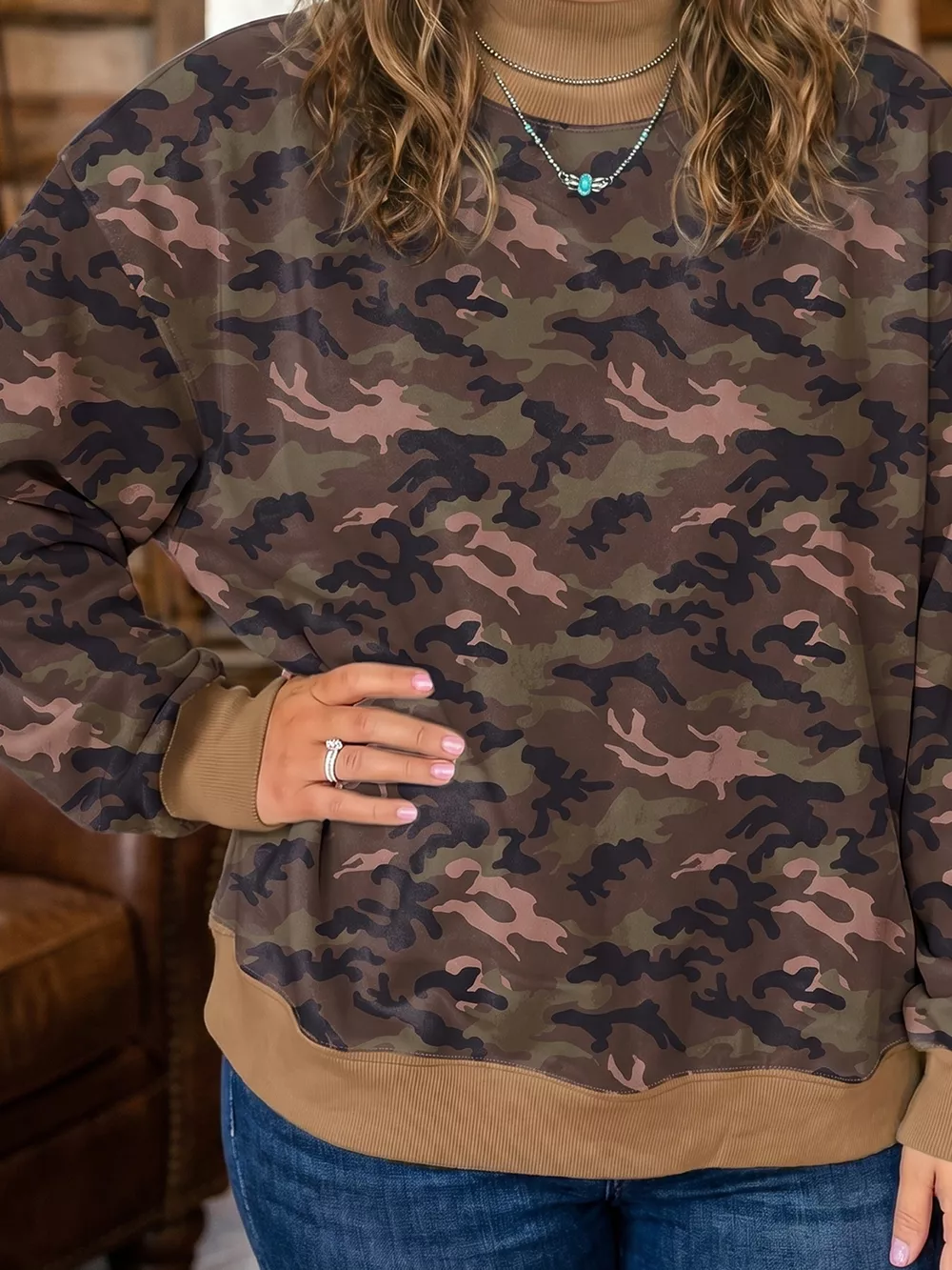 Plus Size Camouflage Print Long Sleeve Oversized Shift Sweatshirt, image 2