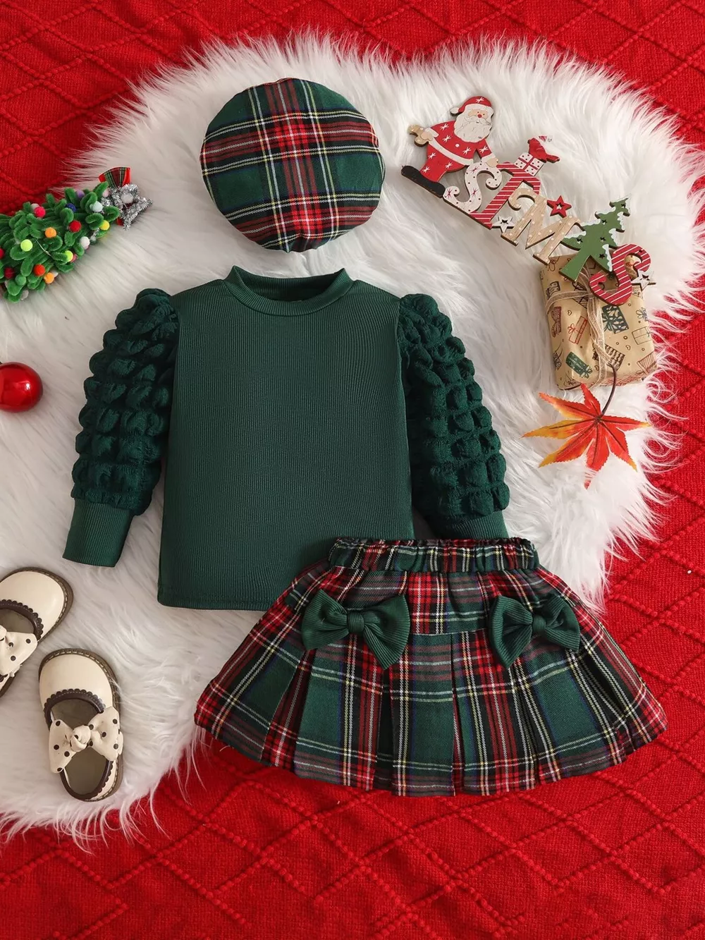 Children's Puff Sleeve Top and Plaid Skirt Set with Hat