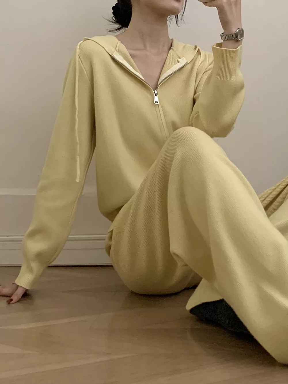 Zip Up Cardigan and Drawstring Wide Leg Pants Knit Set, image 26