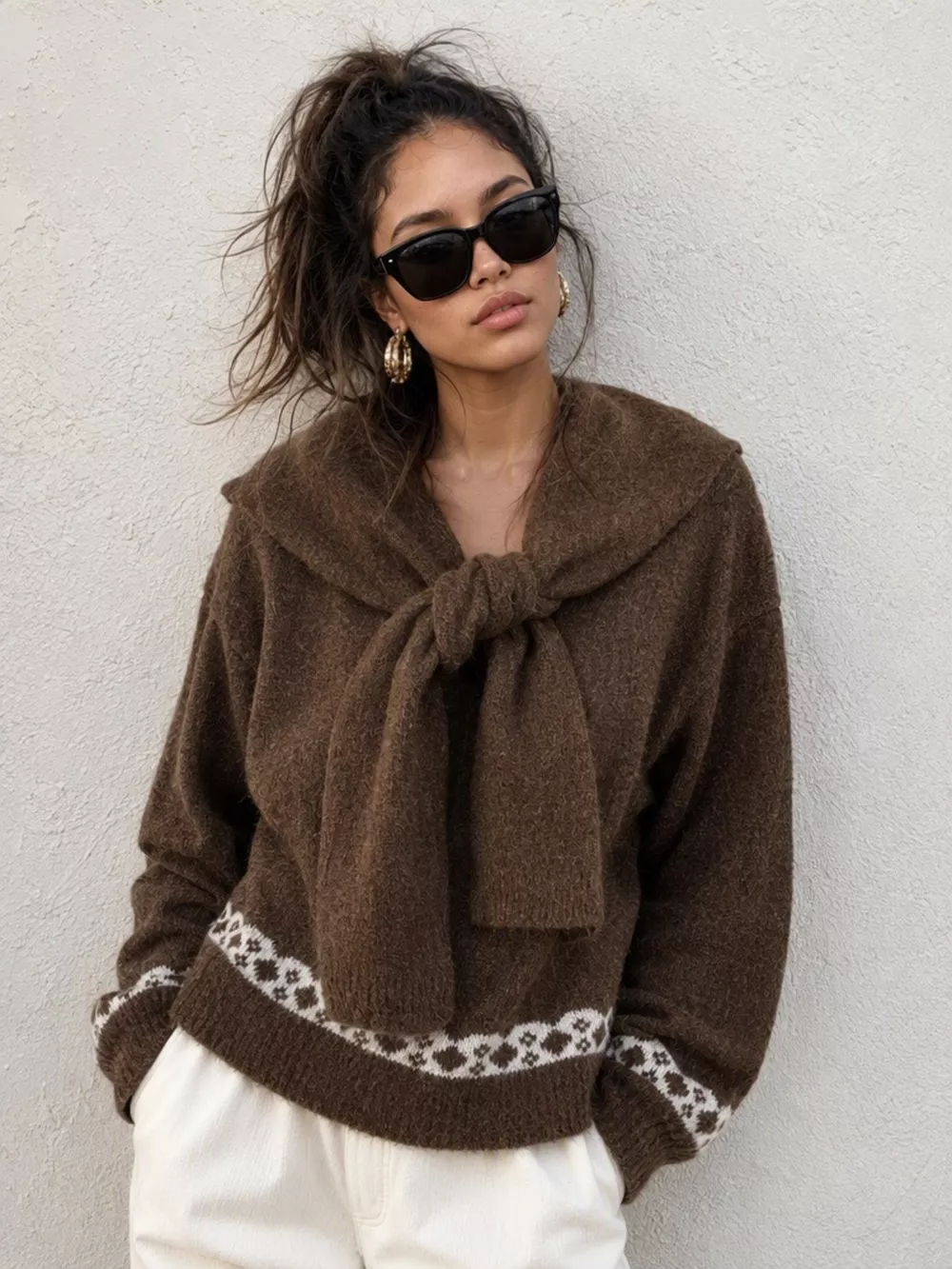 Scarf Detail Dropped Shoulder Sweater, image 9