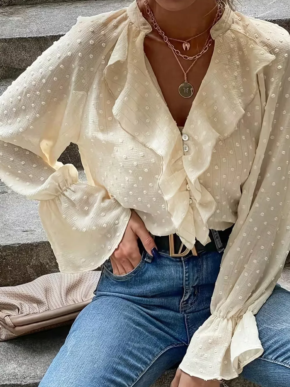 Elegant Ruffled Swiss Dot Blouse, image 2