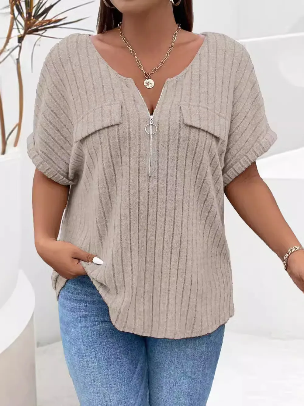 Plus Size Ribbed Half Zip Relaxed Fit T-Shirt, image 28
