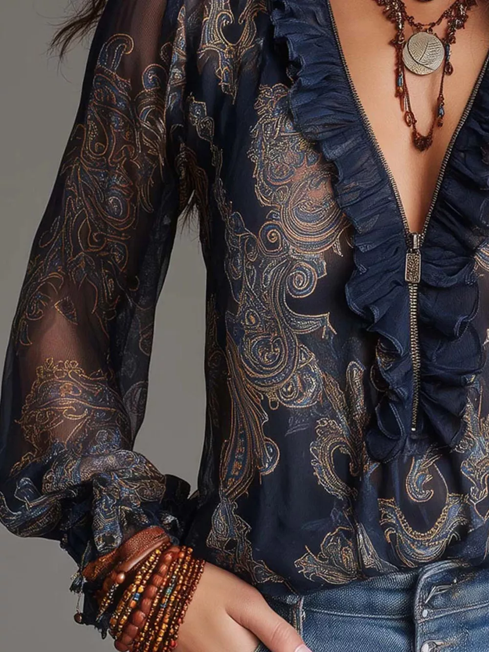 Full Size Paisley Print Ruffle Trim Zip-Front Blouse Plus Size, image 4