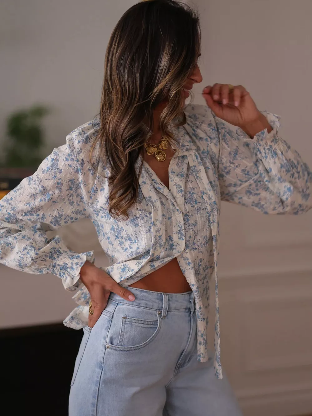 Floral Print Tie Neck Long Sleeve Blouse, image 5