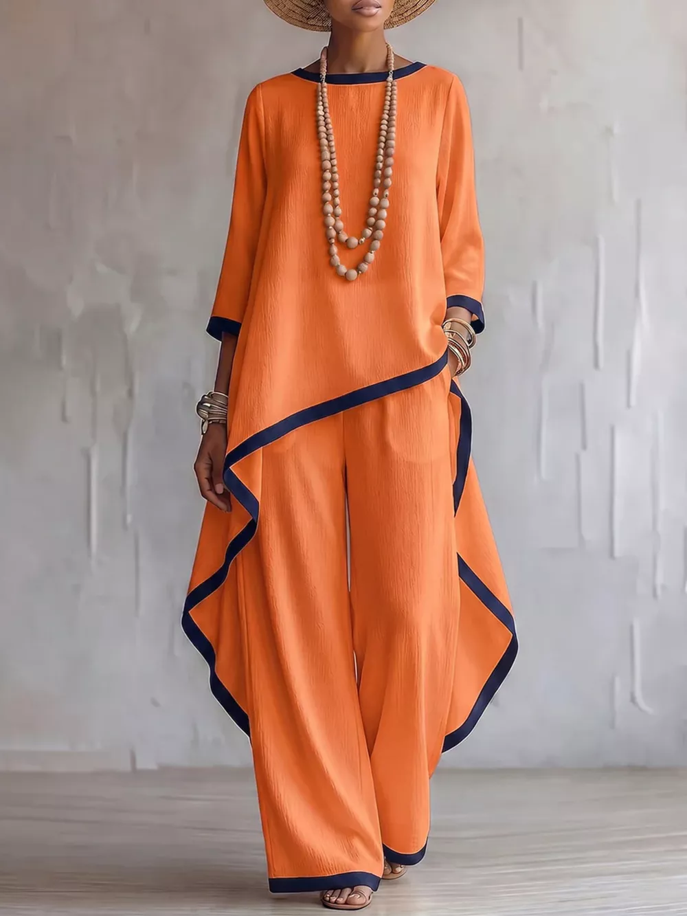 Full Size Contrast Trim High-Low Top and Pants Set Plus Size, image 4