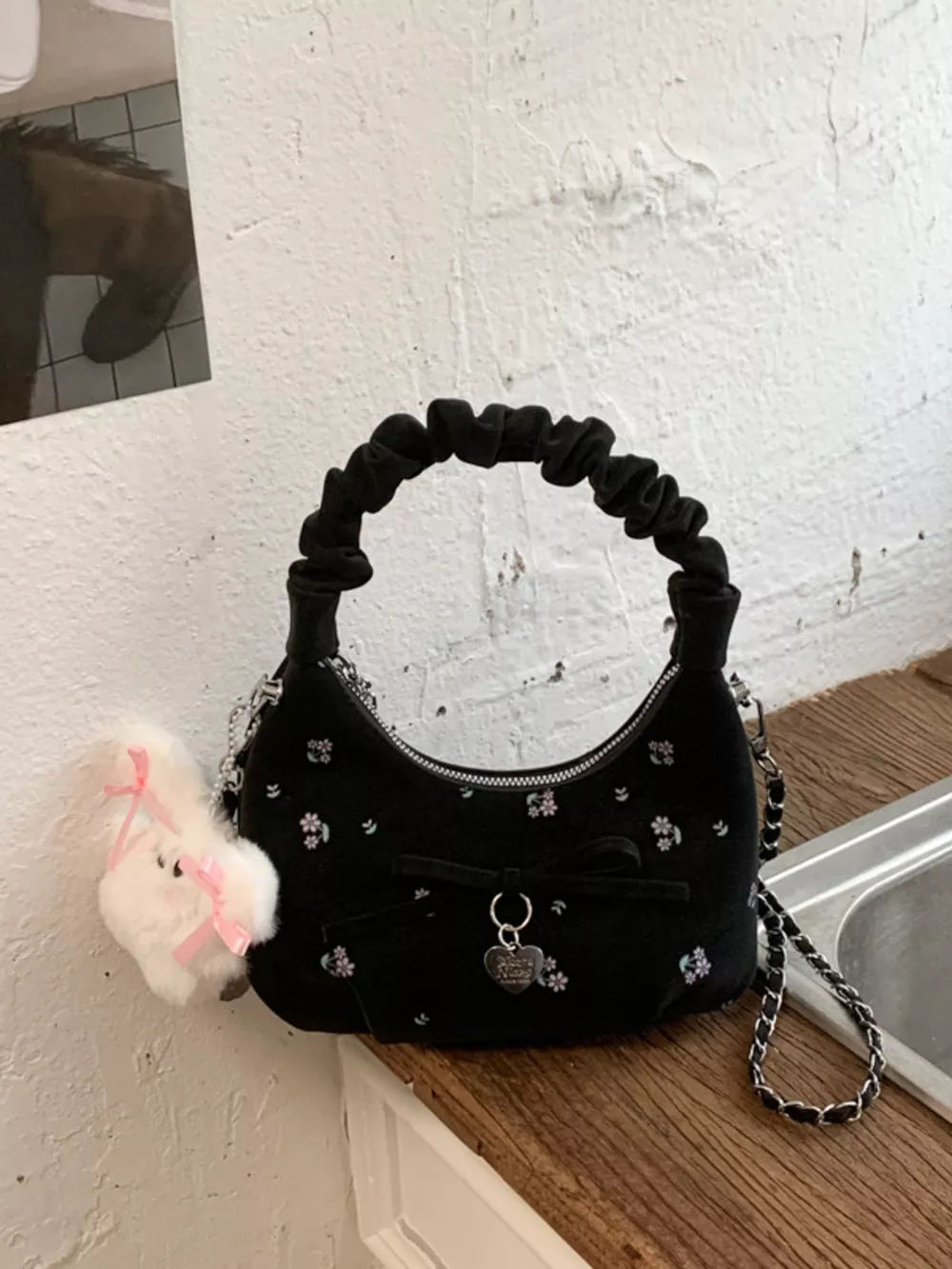 Ruched Handle Crossbody Bag with Bow, image 6