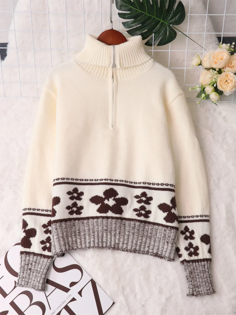 Flower Zip Collar Long Sleeve Sweater, image 7