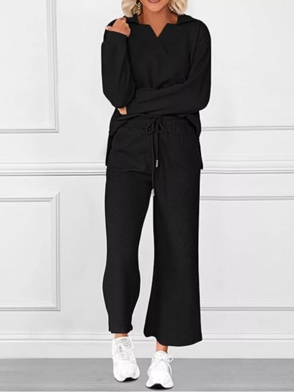 Side Slit Textured Top and Drawstring Pants Set, image 7