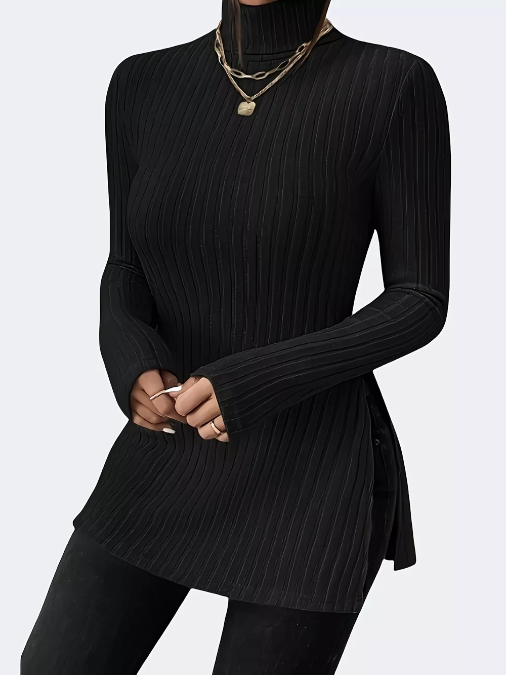 Plus Size Slit Ribbed Turtleneck Long Sleeve T-Shirt