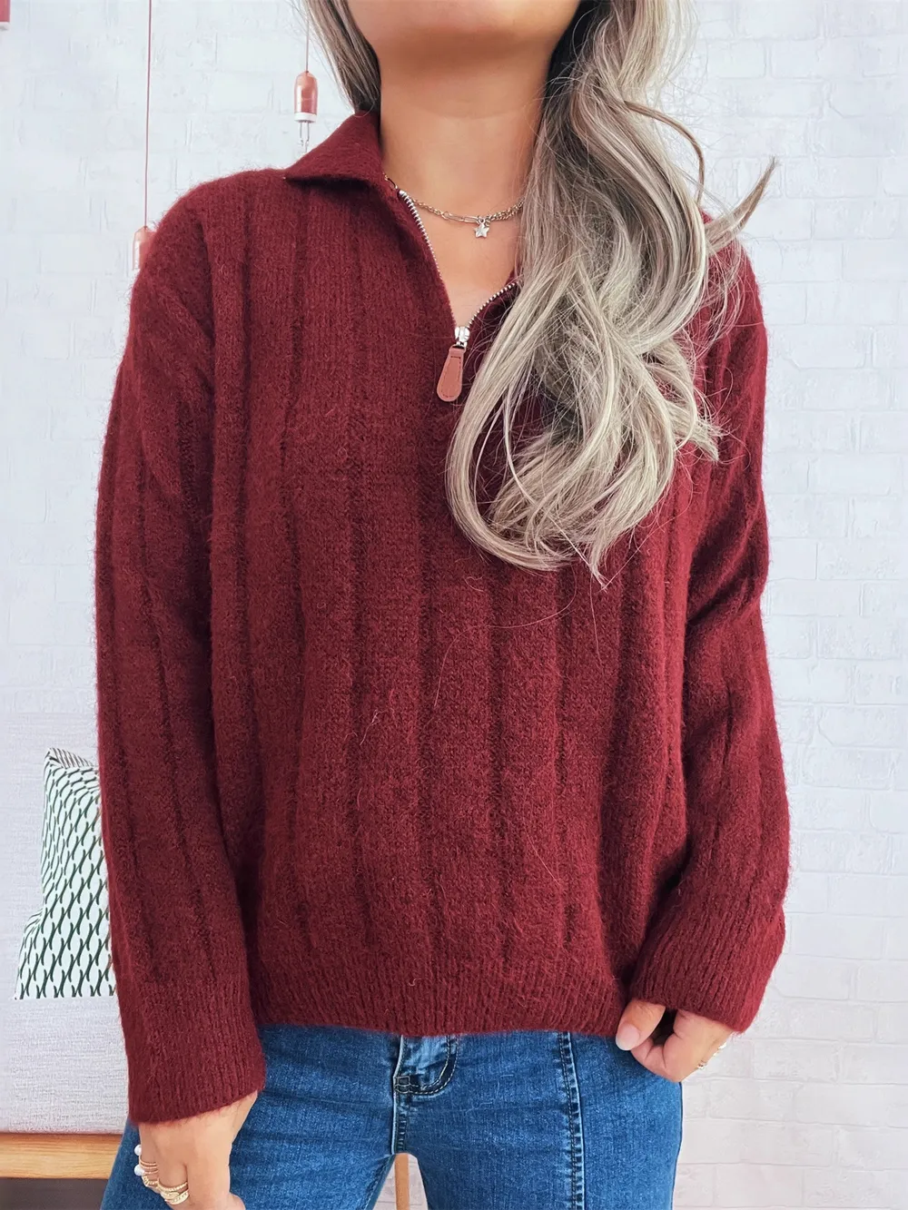Ribbed Hem Quarter Zip Sweater, image 13
