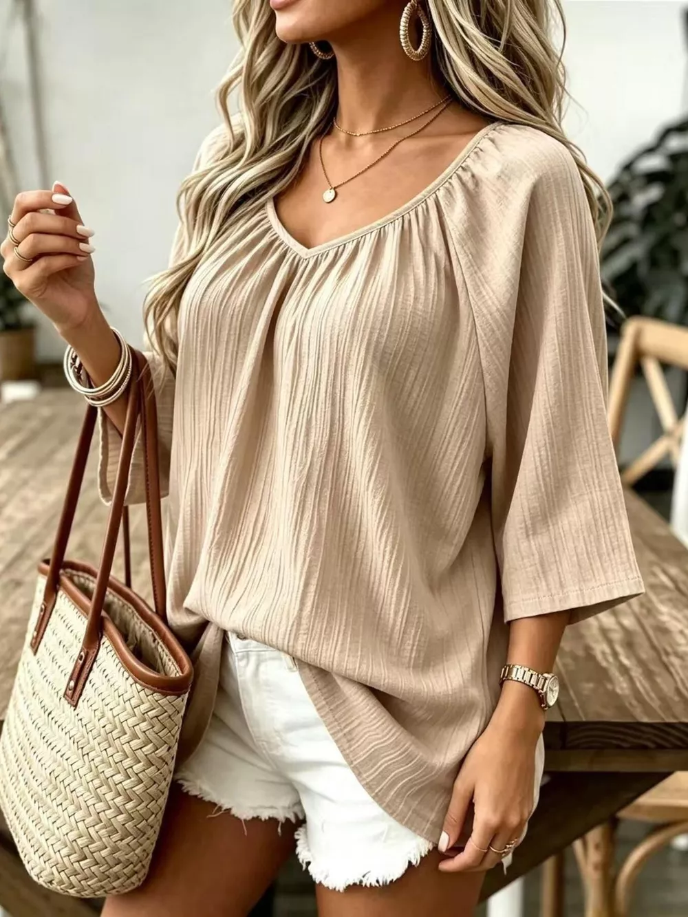 Full Size Textured V-Neck Casual T-Shirt Plus Size, image 13