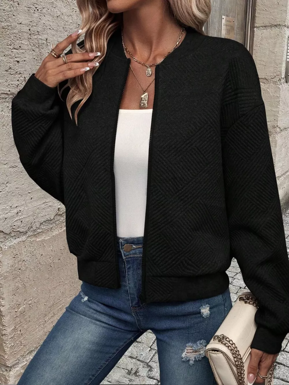 Zip-Up Textured Long Sleeve Jacket, image 3
