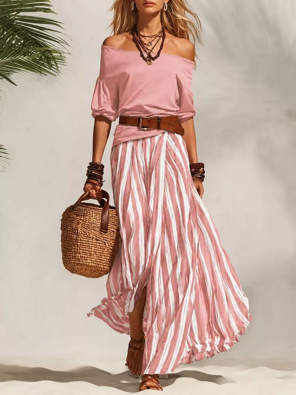 Off Shoulder Top and Striped Maxi Skirt Set, image 9