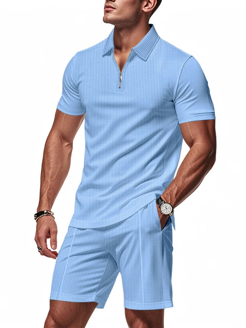 Men's Plus Size Quarter Zip Short Sleeve Top and Shorts Set, image 8