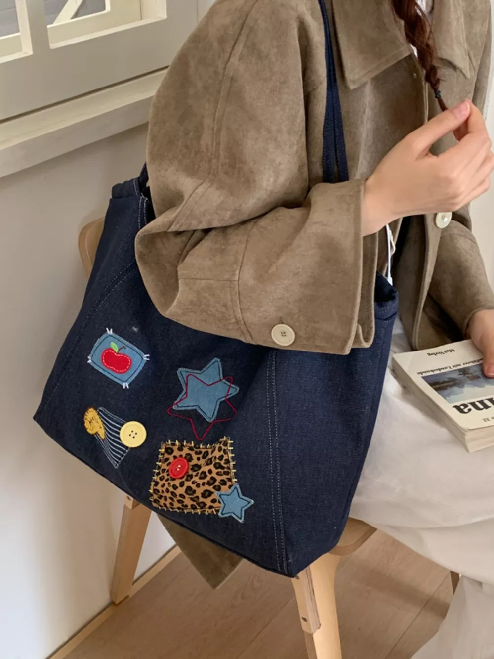 Denim Patchwork Embellished Handbag, image 2