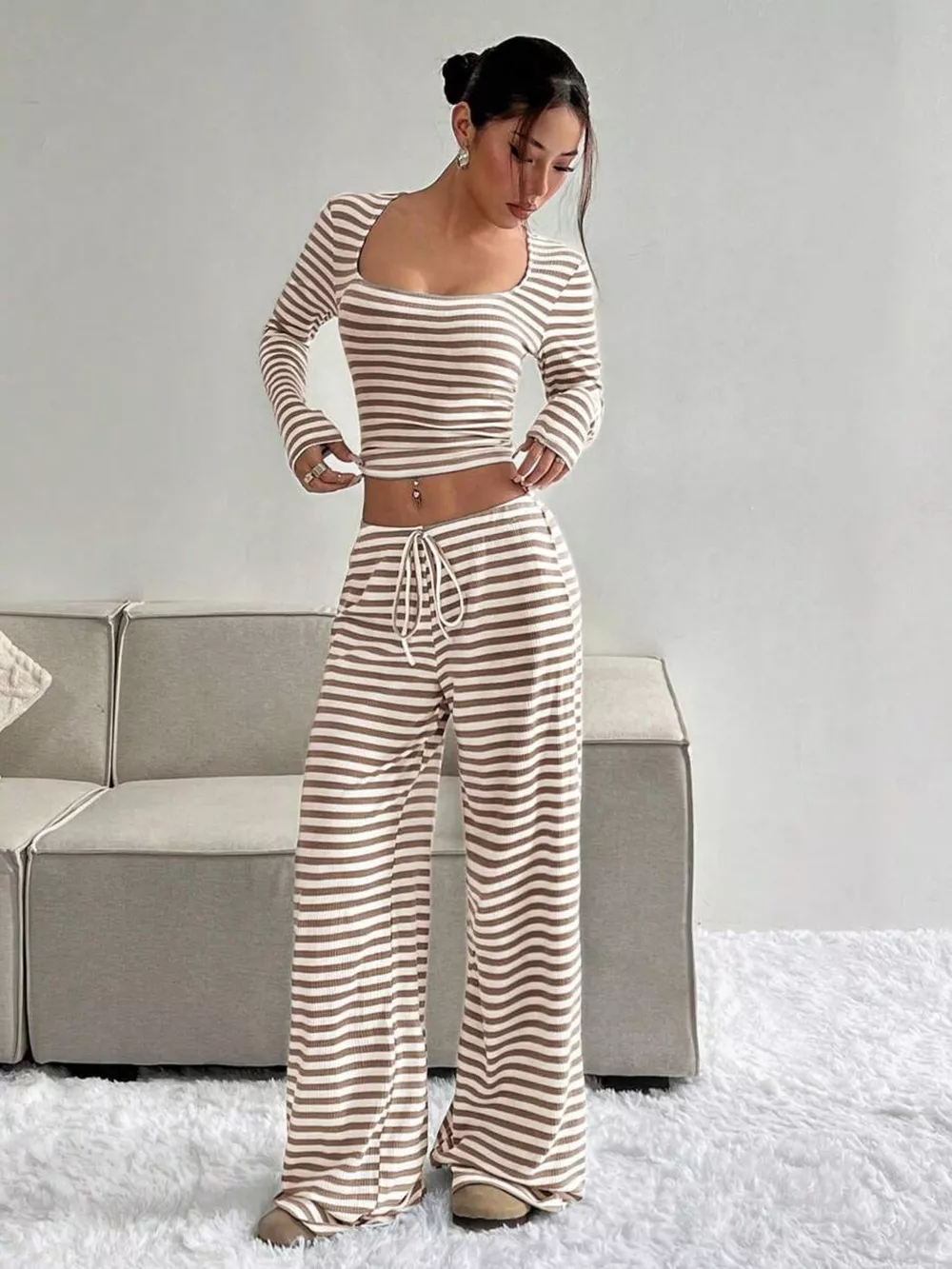 Striped Long Sleeve Crop Top and Wide Leg Pants Set, image 16