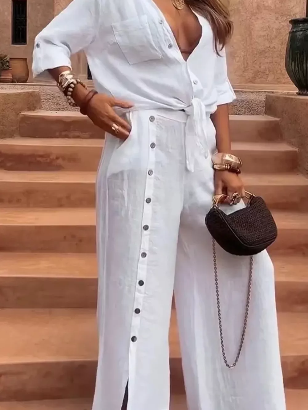 Full Size Tie-Front Shirt and Button-Down Wide-Leg Pants Set Plus Size, image 6
