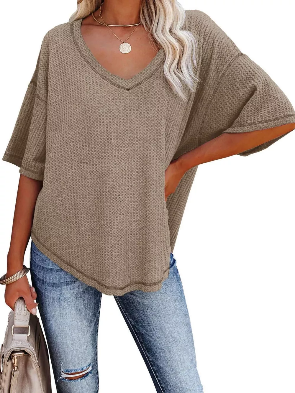 Waffle Knit V-Neck Short Sleeve T-Shirt, image 16