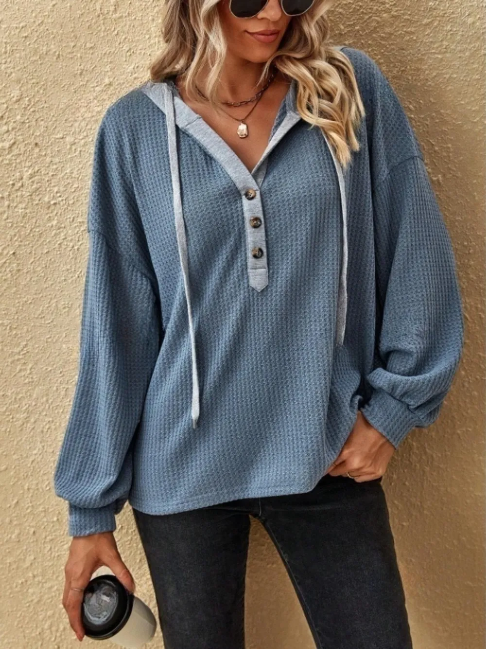 Drawstring Waffle Knit Hoodie, image 8