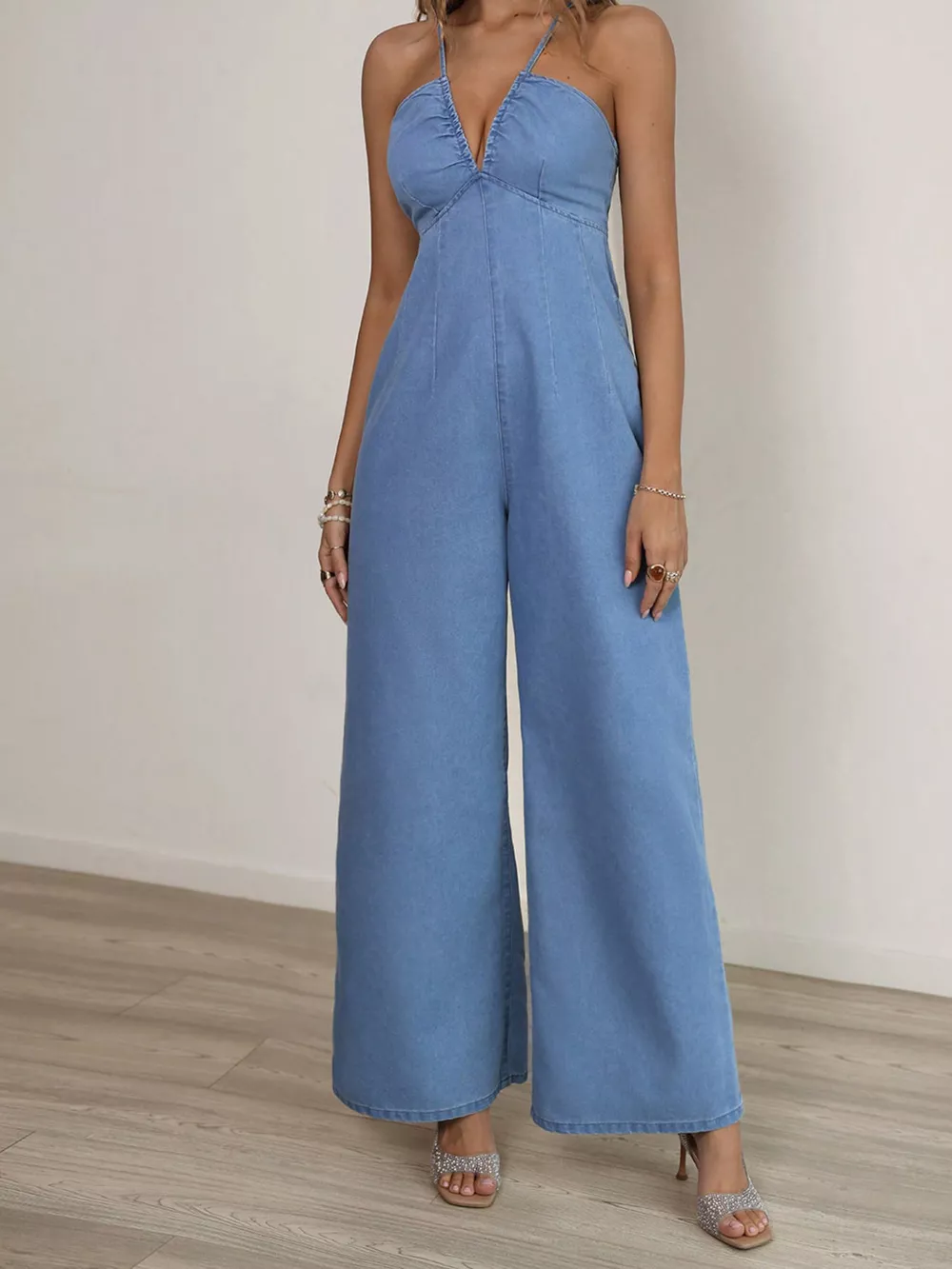 Spaghetti Strap Wide Leg Denim Jumpsuit, image 5